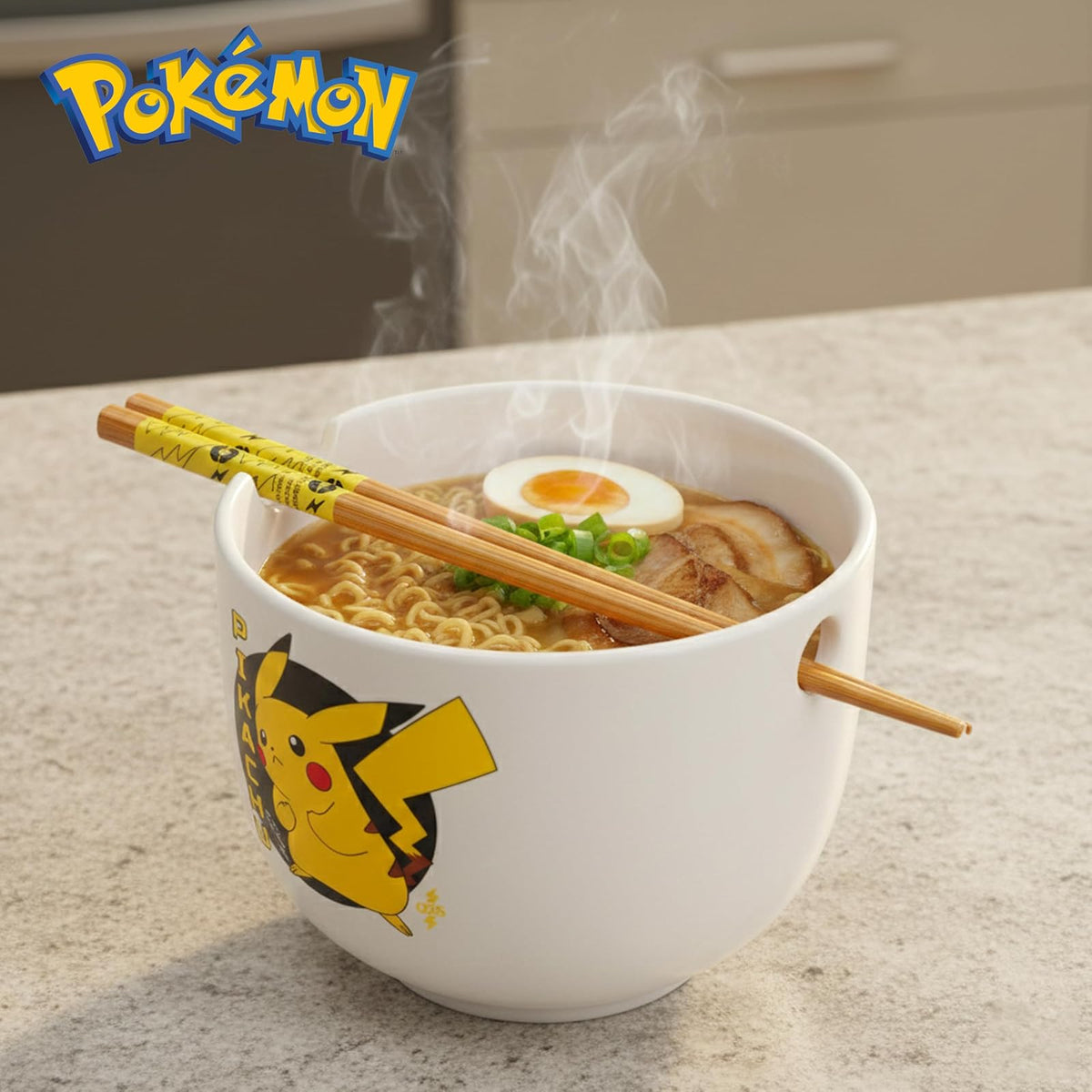 Silver Buffalo Pokemon Pikachu - tazón de arroz con palillos de cerámica para fideos Ramen, apto para microondas, 20 onzas
