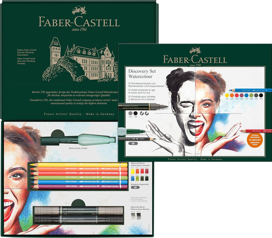 Faber-Castell Discovery Set Albrecht Durer - Juego de arte soluble en agua, 12 piezas, suministros para artistas, lápices para colorear acuarela, rotuladores de acuarela, cepillo para polvo de agua