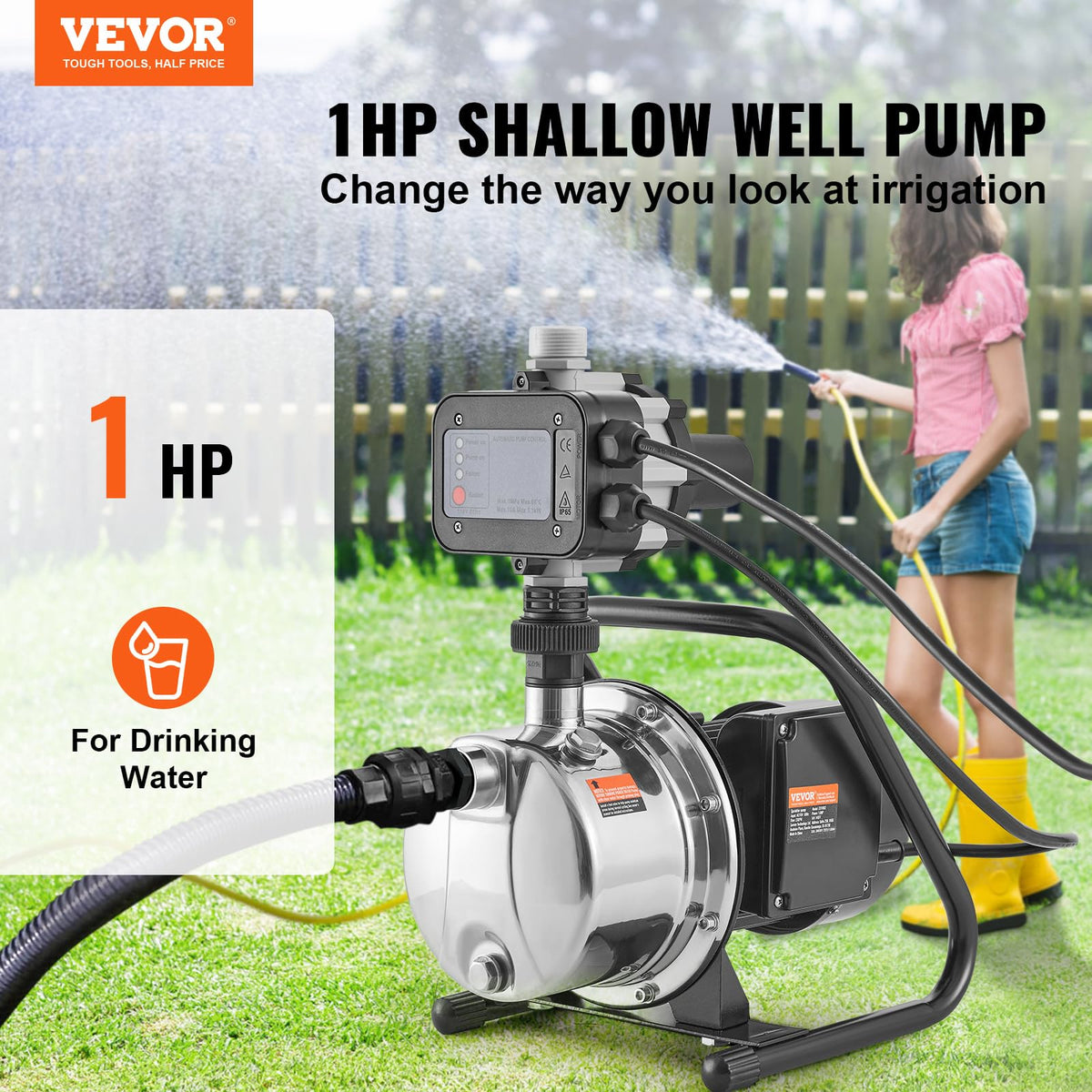VEVOR Bomba de pozo poco profundo portátil de 1 CV, bomba de chorro de jardín de 1380 GPH con driver automático, bombas de refuerzo de aspersor de acero inoxidable de 150 pies, para sistema de riego