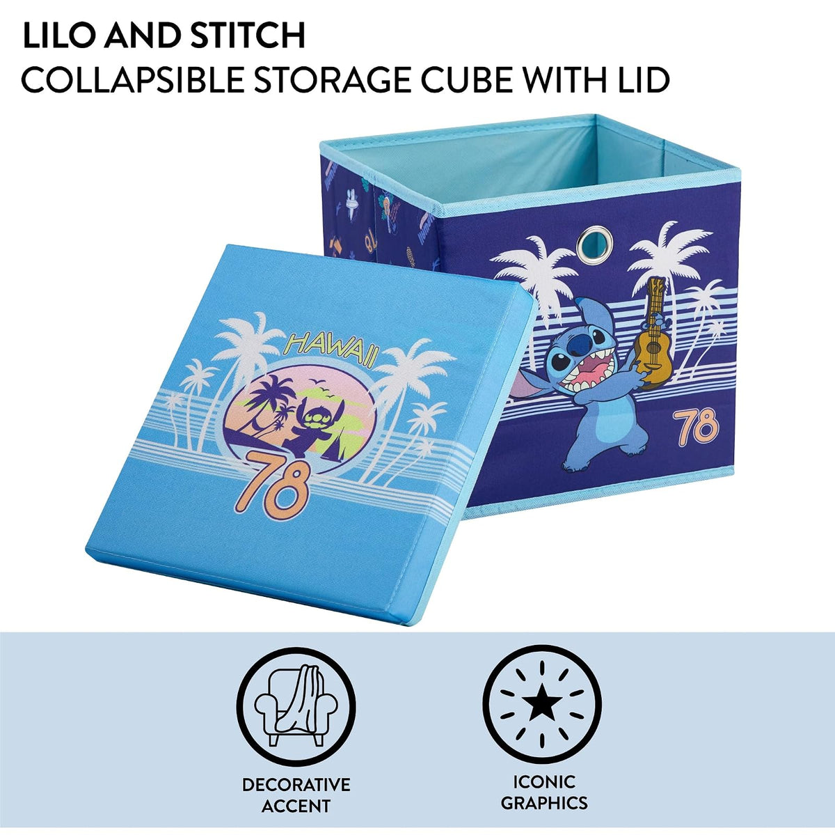 Idea Nuova cubeta de almacenamiento plegable Lilo & Stitch con tapa extraíble, 10 x 10 x 10 pulgadas, organizador de tela para juguetes, ropa y accesorios, recámara o sala de juegos