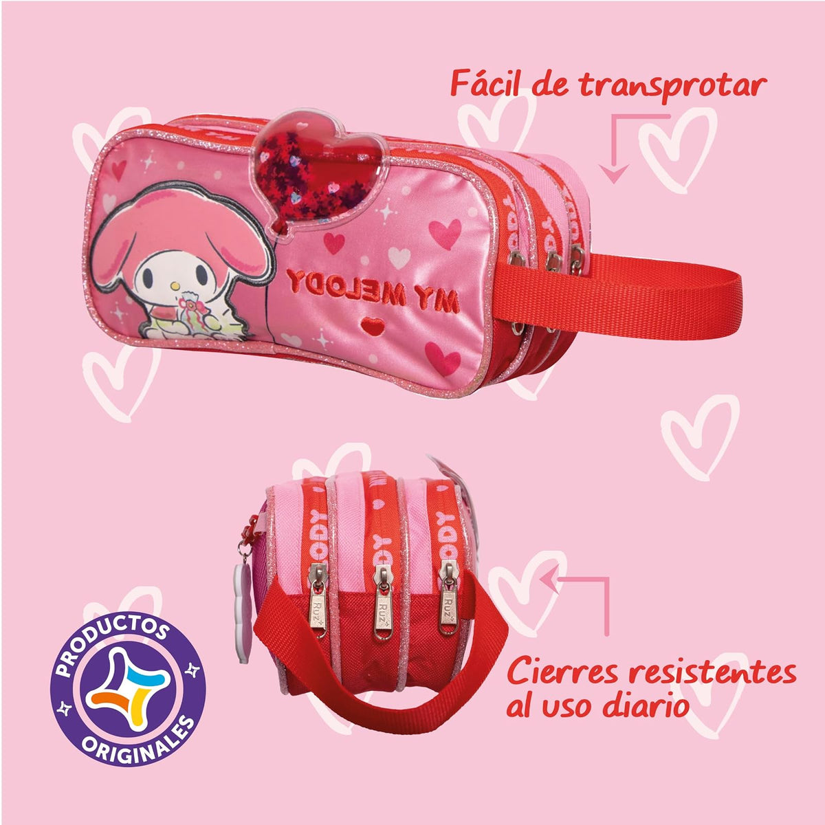 Ruz Lapicera Triple Infantil y Preescolar | My Melody | 100% Poliéster | Bolso Escolar para Niños con Múltiples Bolsillos y Cierre de Cremallera | Recomendado desde 3 años