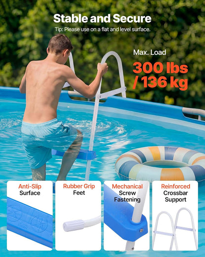 VEVOR Escalera para Piscina Desmontable de 3 Peldaños hasta 136 kg, Escalera de Seguridad de Acero al Carbono Antideslizante con Pasamanos Ergonómicos, Patas de Goma para Piscina Elevada de 91,4 cm