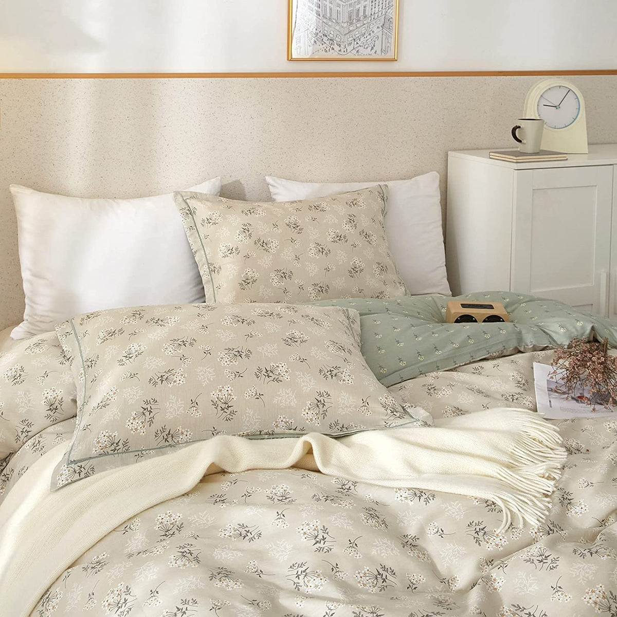 AMWAN - Juego de Funda de edredón Floral de algodón Bohemio para niños y niñas, Juego de Ropa de Cama con Estampado Floral Beige y Verde, Funda de edredón Suave con Cierre de Cierre