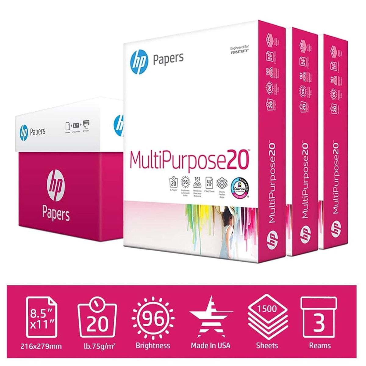 HP Papel | Papel 8.5 x 11 pulgadas | Multipropósito de 20 lb | Caja con 3 resmas - 1,500 hojas | Brillo 96 | Certificado FSC | 208850R