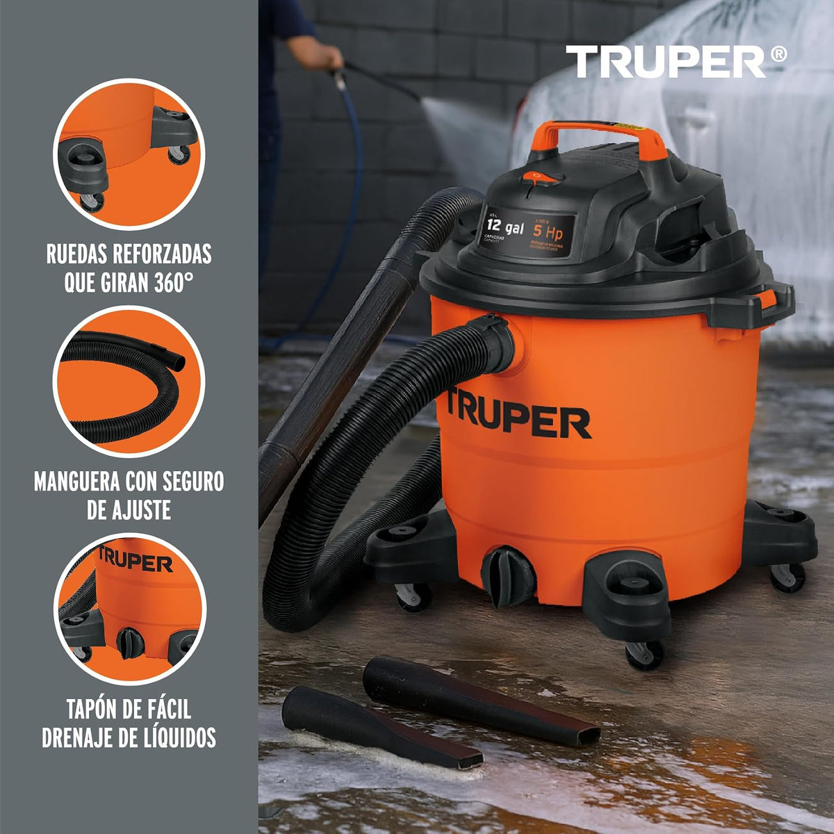 Truper - ASP-12 Aspiradora de sólidos y líquidos de 12 GAL, plástica