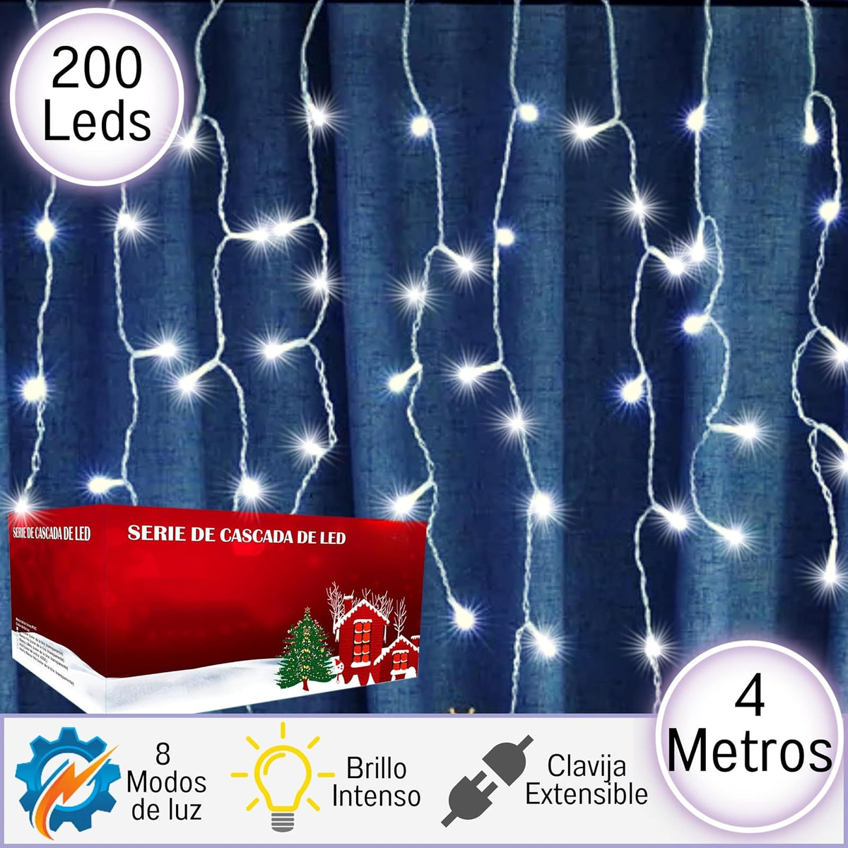 Luces Navideñas Cascada de Luces led -POWEROAK Luces de Navidad 4M 200LED IP44 Serie de Cascada led con 8 Modos de Iluminación Luz cascada Navidad Decorativas. (4M 200LED, Blanco frío)