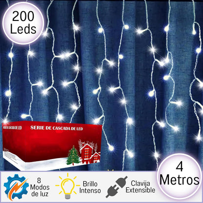 Luces Navideñas Cascada de Luces led -POWEROAK Luces de Navidad 4M 200LED IP44 Serie de Cascada led con 8 Modos de Iluminación Luz cascada Navidad Decorativas. (4M 200LED, Blanco frío)