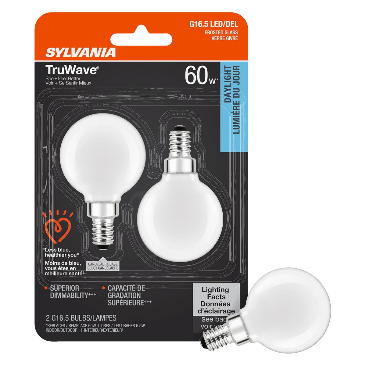 SYLVANIA LED TruWave Natural Series Decor G16.5 Bombilla de 60 W equivalente a 5.5 W, base de candelabro regulable esmerilado 5000 K, 2 unidades