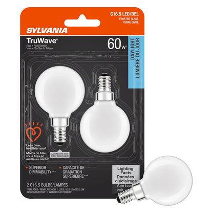 SYLVANIA LED TruWave Natural Series Decor G16.5 Bombilla de 60 W equivalente a 5.5 W, base de candelabro regulable esmerilado 5000 K, 2 unidades