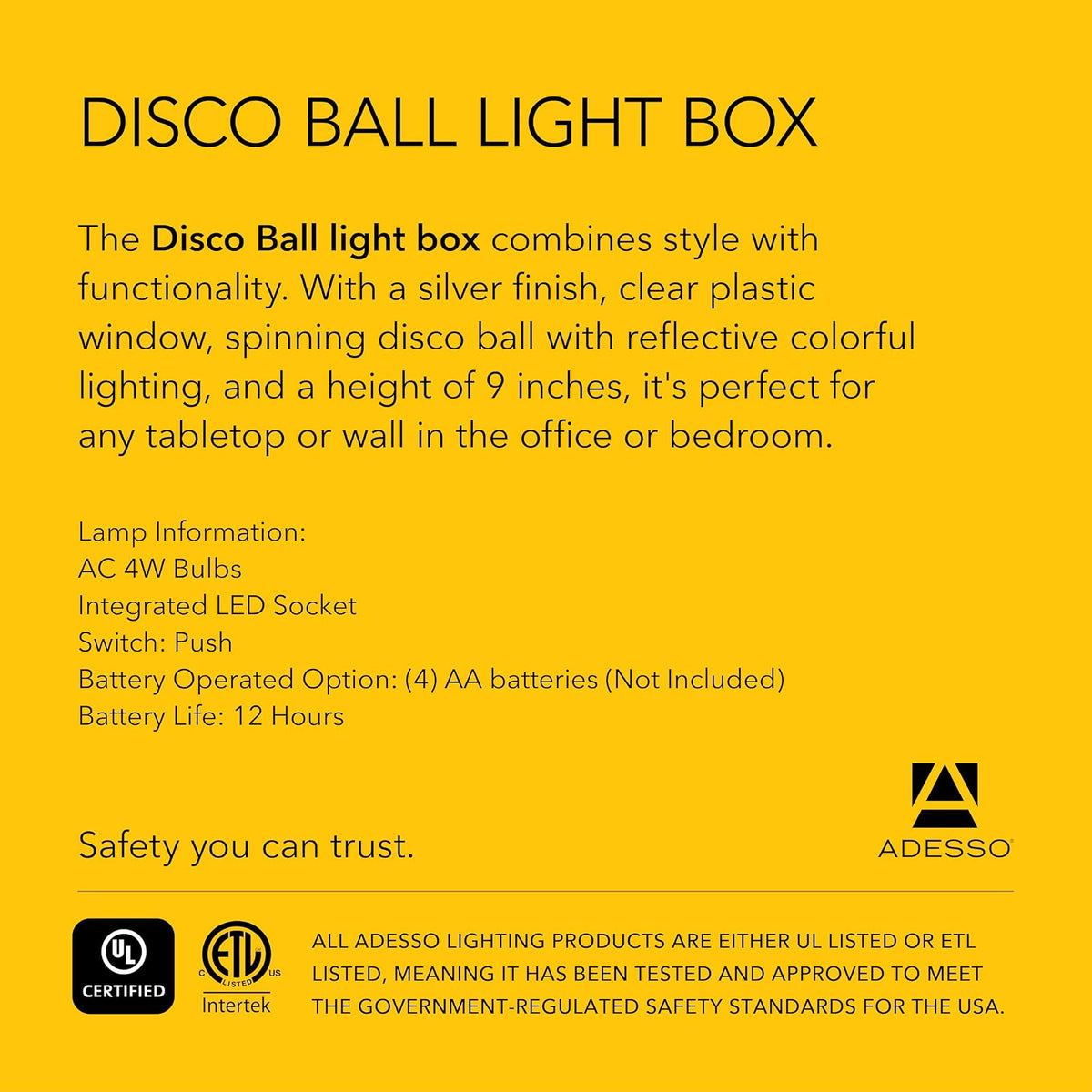 Adesso SL3982-22 Simplee Disco Ball Novedad Caja de estado de ánimo LED multicolor para mesa o montaje colgante, iluminación de pared de galería, alimentación con batería o USB, certificación ETL, 8 pies, marco plateado