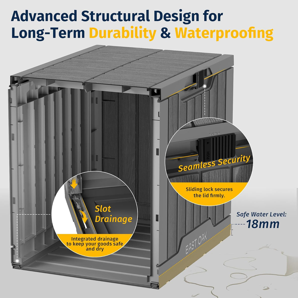EAST OAK - Caja de almacenamiento para exteriores | Caja de 31 galones para uso en interiores y exteriores, contenedor de almacenamiento de resina impermeable con pestillo para cojines de patio,