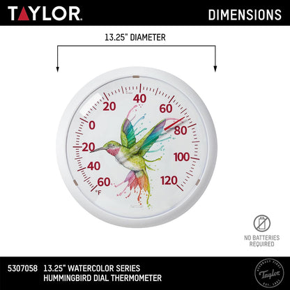 Taylor Watercolor Series - Termómetro de esfera de colibrí arcoíris para interiores y exteriores, decoración del hogar para patio, piscina o cochera, 13.3 pulgadas, bisel blanco
