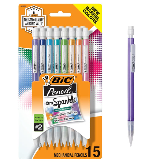 BIC Lápiz Xtra Sparkle, colorido barriles, punto medio (0.7 mm) 15-Pack Blister, Negro (mplp151)