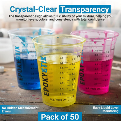 EpoxyStix [Paquete de 50] Vasos graduados de 12 onzas, para mezclar de 350 ml, para mascotas duraderas, marcas de medición transparentes en oz, ml y tazas, para resina, pintura, mezcla y manualidades