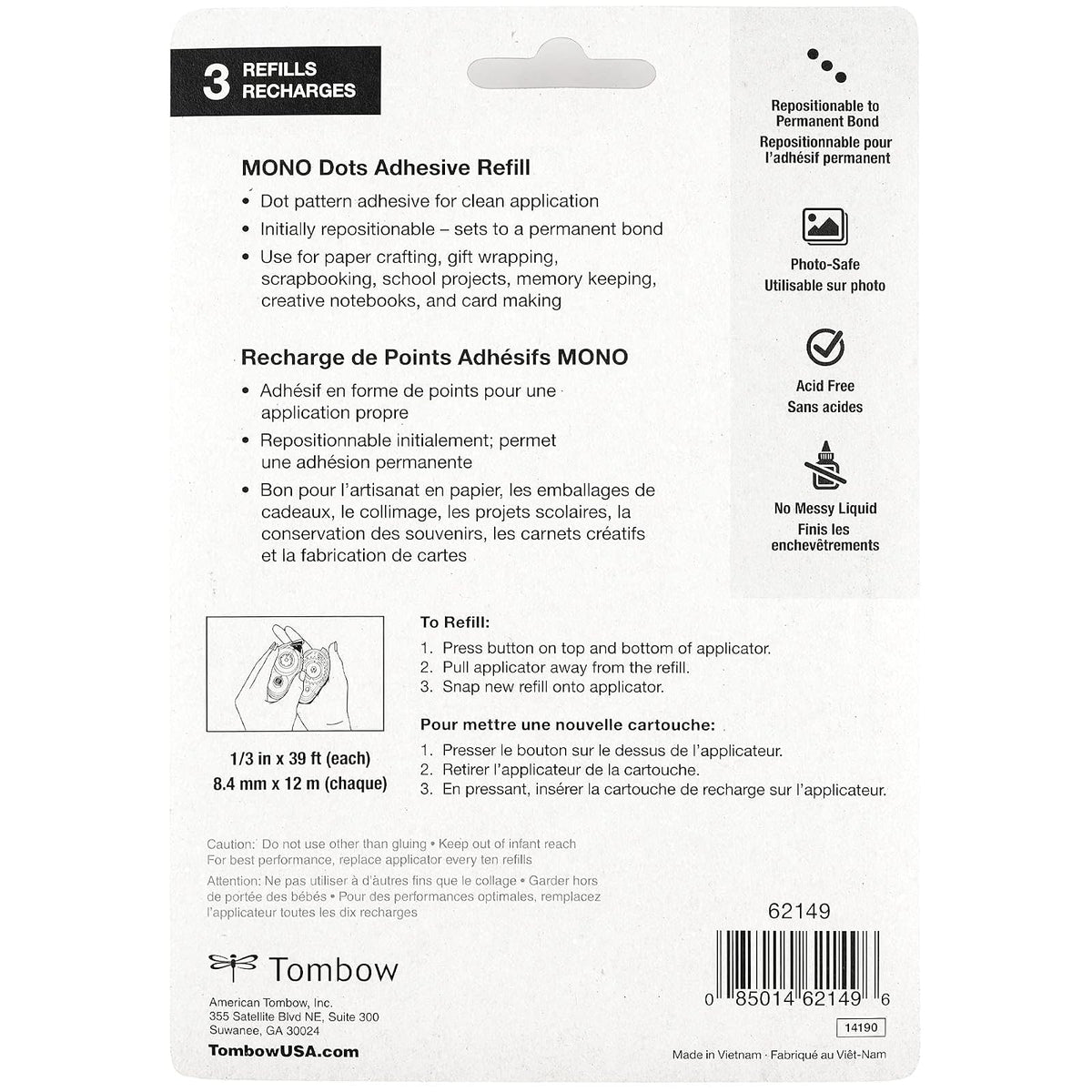 Tombow 62149 Recambios de aplicador de puntos adhesivos overol, paquete de 3, fácil de rellenar para una aplicación suave, multicolor, paquete económico