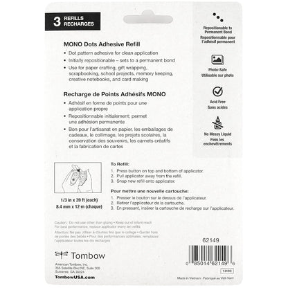 Tombow 62149 Recambios de aplicador de puntos adhesivos overol, paquete de 3, fácil de rellenar para una aplicación suave, multicolor, paquete económico