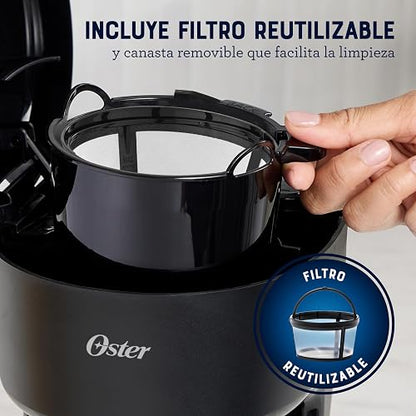 Oster Cafetera, de 5 Tazas de Capacidad, con Filtro Reutilizable, Botón con Luz de Encendido y Apagado, Función Pausa y Servir, Ventanilla de Agua, Jarra con Medidas, Color Negro,