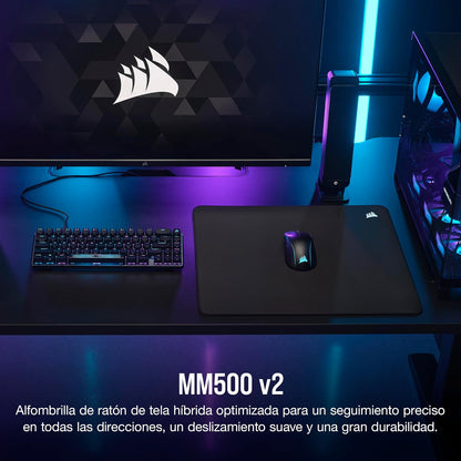 Corsair MM500 v2 - Alfombrilla de ratón híbrida Grande para Juegos, 45 x 40 cm, Revestimiento a Prueba de derrames, Bordes cosidos antideshilachados, Base de Goma Antideslizante, Color Negro