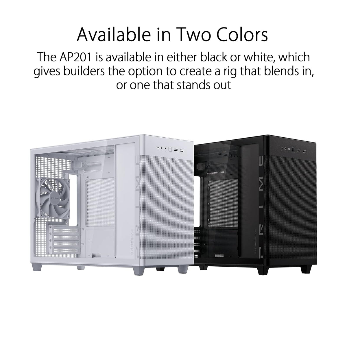 ASUS Prime AP201 White MicroATX Edición de vidrio templado compatible con tarjetas gráficas de hasta 338 mm, enfriadores de 360 mm y PSU ATX estándar, paneles laterales sin herramientas, panel lateral