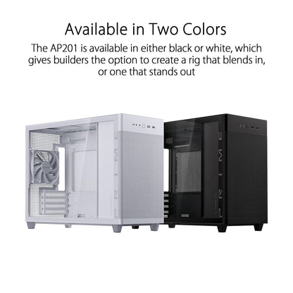 ASUS Prime AP201 White MicroATX Edición de vidrio templado compatible con tarjetas gráficas de hasta 338 mm, enfriadores de 360 mm y PSU ATX estándar, paneles laterales sin herramientas, panel lateral