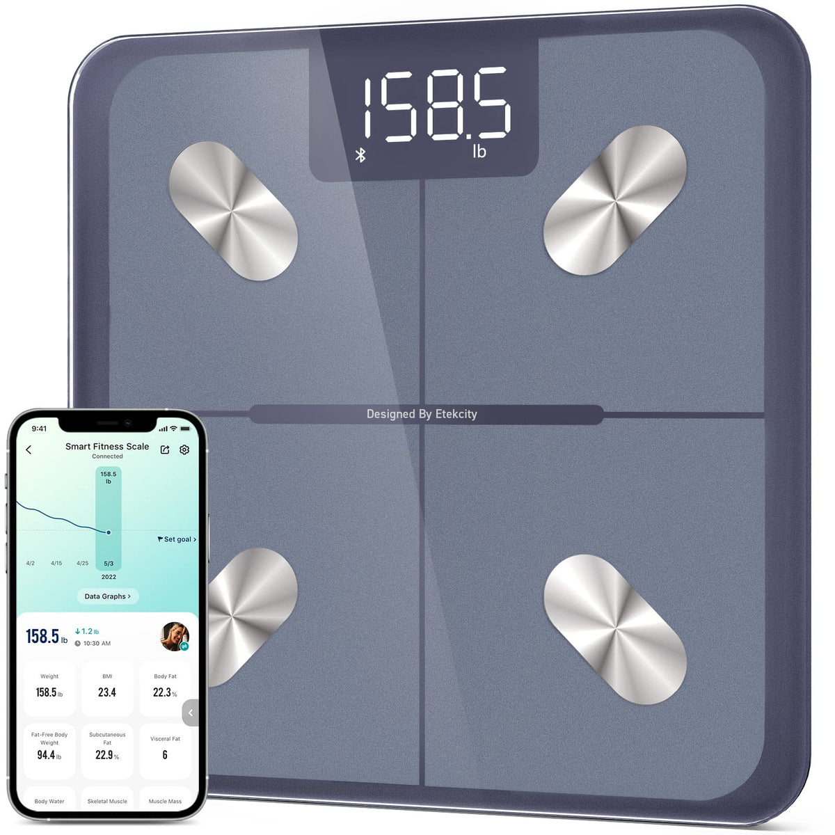 Etekcity Báscula Inteligente Vidrio Templado Bluetooth 180 kg