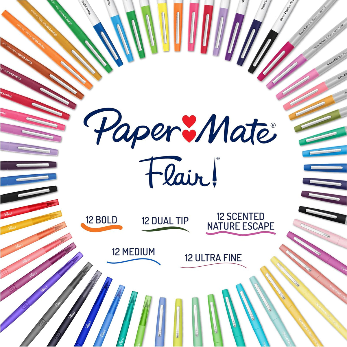 Paper Mate Flair - Bolígrafos de punta de fieltro, paquete definitivo, cuenta con 5 tipos diferentes de bolígrafos, 60 unidades, diversión creativa, esenciales para el aula, suministros para