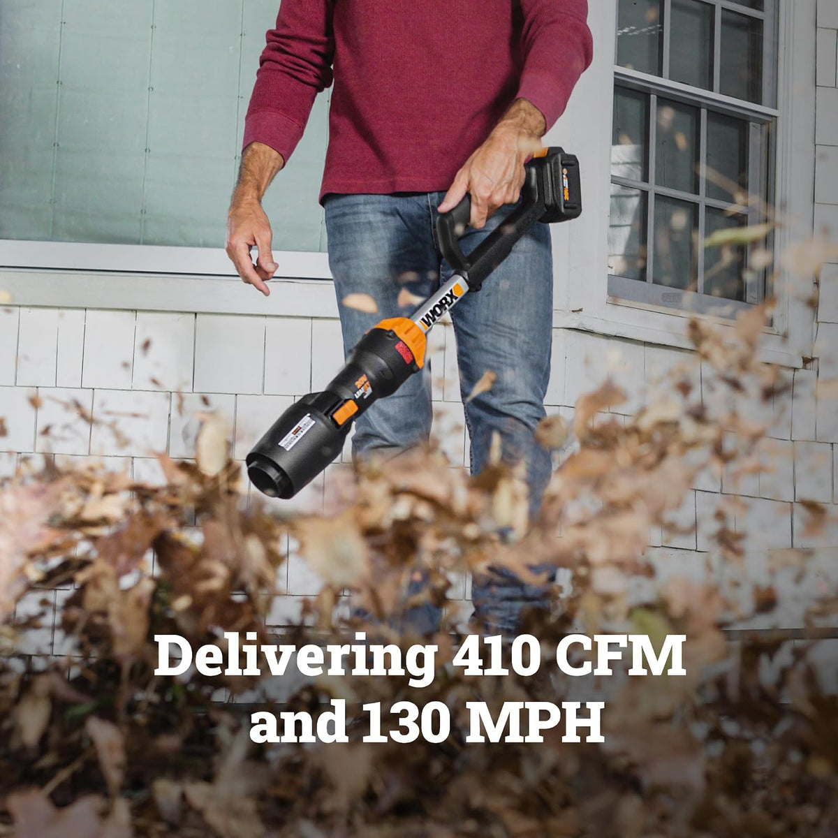 WORX Nitro - Soplador de hojas inalámbrico, soplador eléctrico con 410 CFM y 130 MPH, sopladores para cuidado del césped con batería de 4 libras, 4 Ah y cargador incluidos, WG543