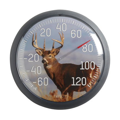 Taylor White Tail Deer Termómetro grande para interiores y exteriores, termómetro inalámbrico con números grandes fáciles de leer para patio, piscina, jardín o cochera, y áreas interiores, 13.3