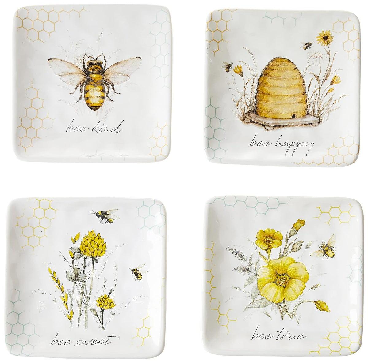 Bee Sweet - Platos de canapé y almuerzo de 6 pulgadas, juego de 4 diseños surtidos de abejas y florales con refranes edificantes, platos de aperitivo de cerámica duraderos para entretenimiento de
