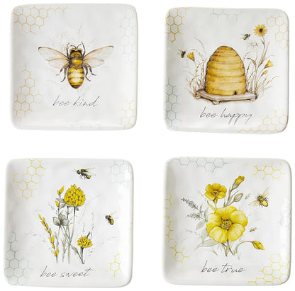 Bee Sweet - Platos de canapé y almuerzo de 6 pulgadas, juego de 4 diseños surtidos de abejas y florales con refranes edificantes, platos de aperitivo de cerámica duraderos para entretenimiento de