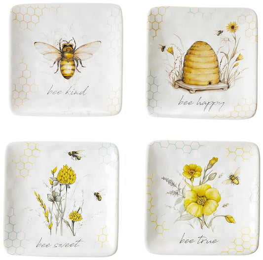 Bee Sweet - Platos de canapé y almuerzo de 6 pulgadas, juego de 4 diseños surtidos de abejas y florales con refranes edificantes, platos de aperitivo de cerámica duraderos para entretenimiento de