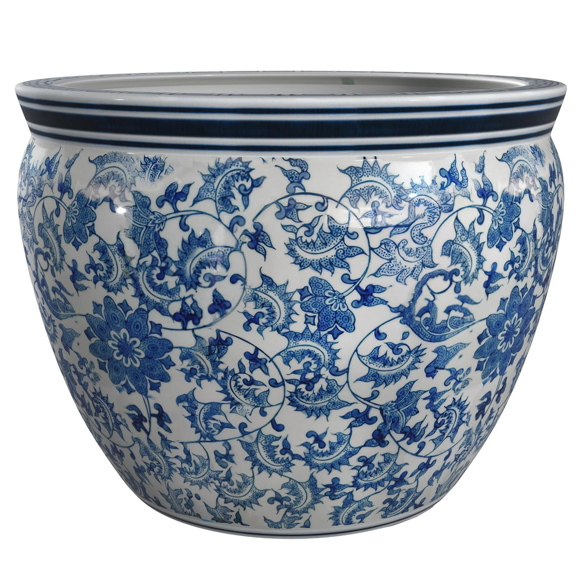 Oriental Furniture Classic Asian Indoor Planter Pot, 16-Inch Fine Chinese Export Porcelain Fishbowl, Ming Blue and White Floral Design