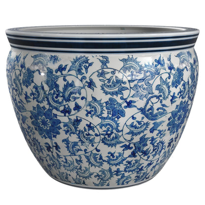 Oriental Furniture Classic Asian Indoor Planter Pot, 16-Inch Fine Chinese Export Porcelain Fishbowl, Ming Blue and White Floral Design