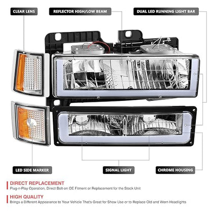 DNA Motoring HL-LB3-8P-C10-3G-CH-AM Juego de Faros LED DRL Estilo U + Señal + Esquinas para Chevy/GMC C/K 1500/2500 Suburban 1992-1999