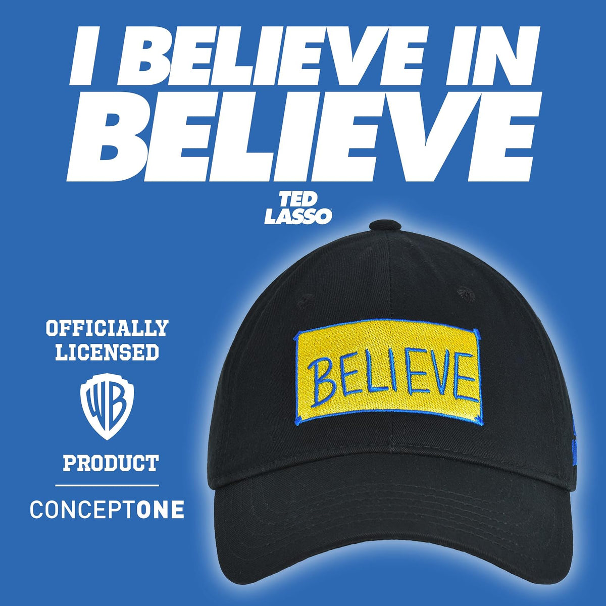 Ted Lasso - Gorro de béisbol Ajustable de algodón con Estampado Believe con Borde Curvado, Color Negro, Talla única, Negro -, One Size