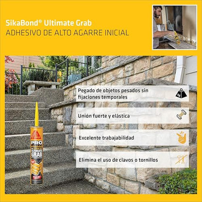 Sika - Adhesivo de Poliuretano SikaBond Ultimate Grab - Adhesivo de Agarre Instantáneo Multiusos - Excelente Adherencia e Impermeable - Uso Interior y Exterior - Impermeable - Gris - Cartucho 300 ml