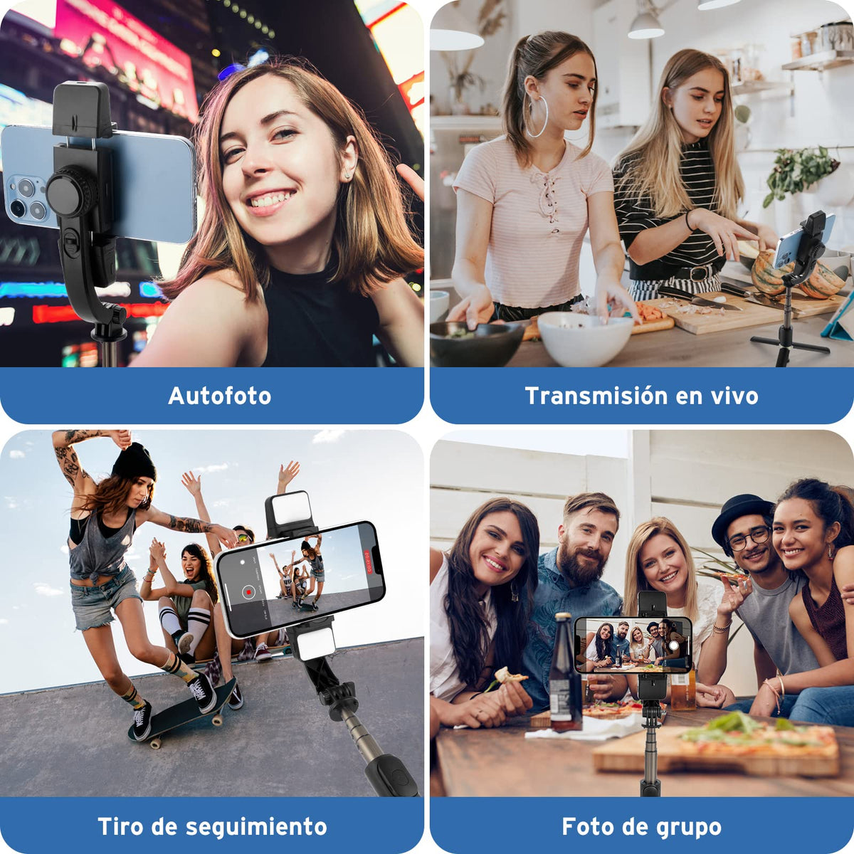 Estabilizador para Celular, Estabilizador de Cardán con Luz de Relleno, Estabilizador de Cardán para Teléfono con Mando Inalámbrico y Trípode, Rotación Automática de 360°,Estabilizador con Palo Selfie
