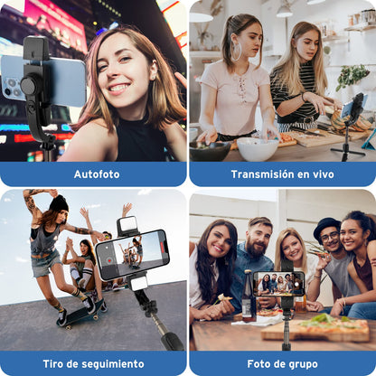 Estabilizador para Celular, Estabilizador de Cardán con Luz de Relleno, Estabilizador de Cardán para Teléfono con Mando Inalámbrico y Trípode, Rotación Automática de 360°,Estabilizador con Palo Selfie
