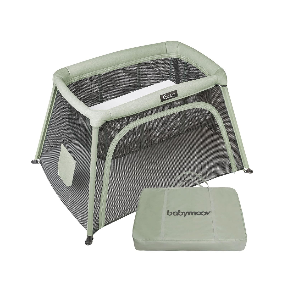 Babymoov Moov & Comfy Cuna de Viaje y Corral 3 en 1, Cama Portátil para Bebé, Bassinet y Playard para Casa, Viajes, Siestas y Juego, Práctico para Uso Diario, Verde Salvia