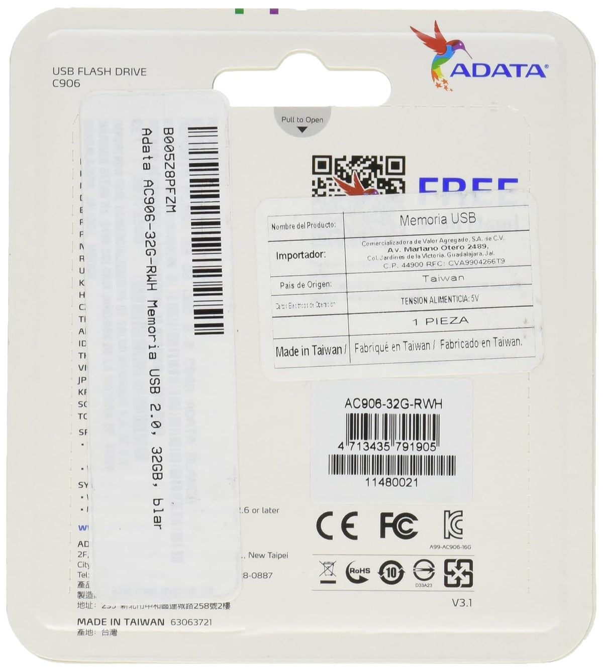 ADATA 32 GB Memoria Flash USB 2.0 con Tapa Color Blanco con Negro (Modelo C906)