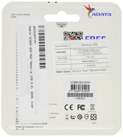 ADATA 32 GB Memoria Flash USB 2.0 con Tapa Color Blanco con Negro (Modelo C906)