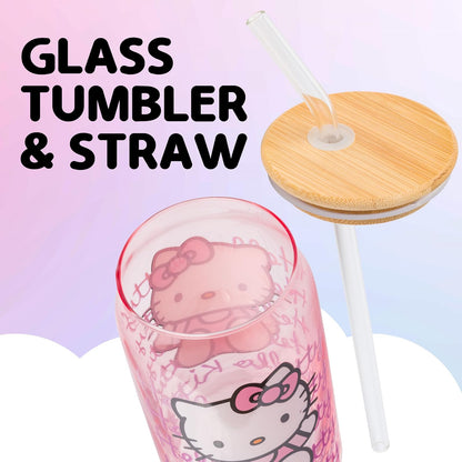 Silver Buffalo Sanrio Hello Kitty - Vaso de vidrio rosa con tapa de bambú y popote de vidrio, 16 onzas