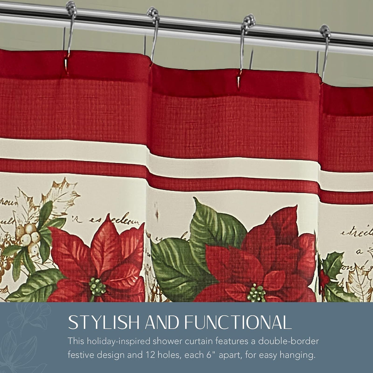 Elrene Home Fashions Cortina de Ducha de Tela de Pascua roja y Blanca de Navidad, 70 x 72 Pulgadas