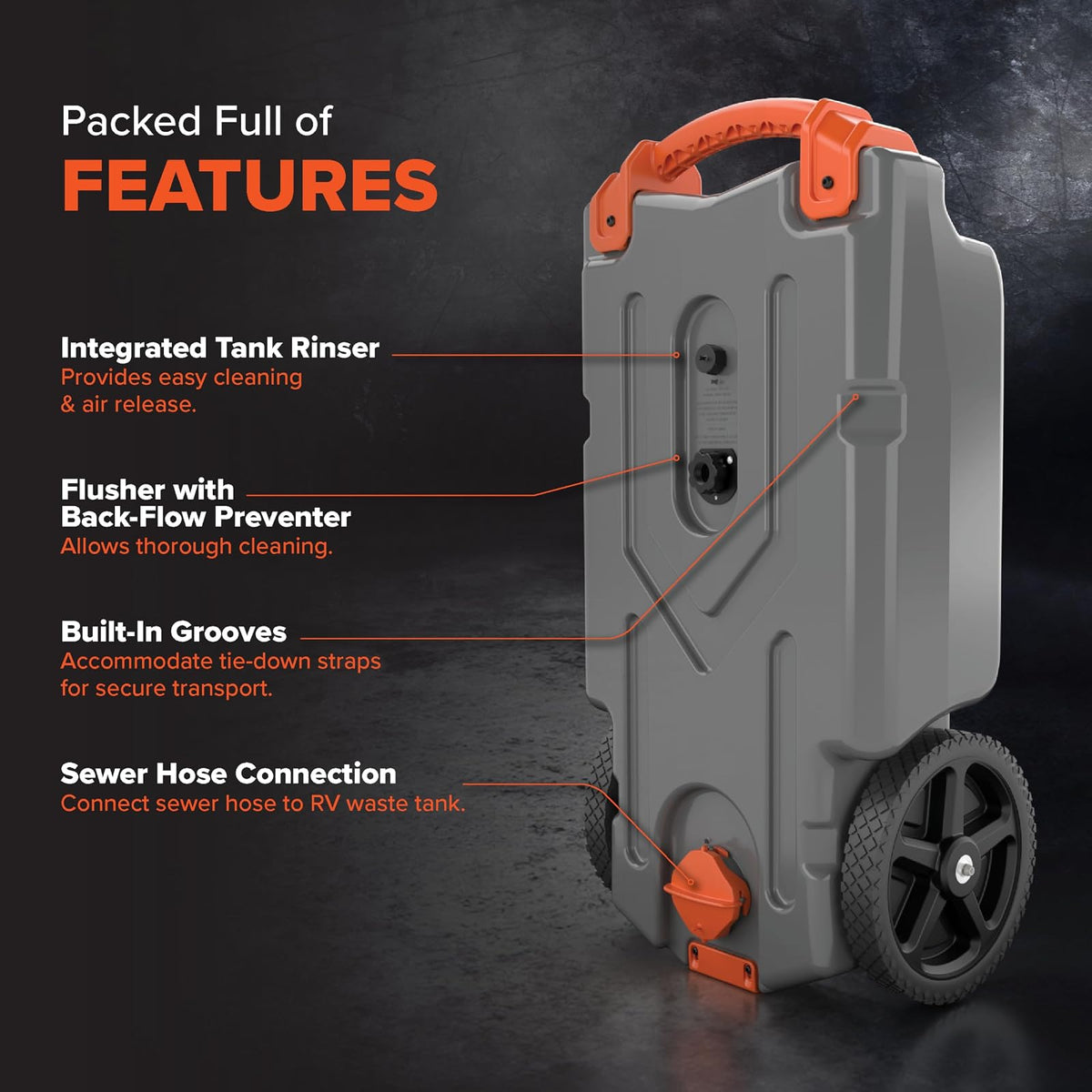 Camco Rhino - Tanque portátil de 15 galones para caravanas – Cuenta con Ruedas Grandes y Resistentes sin Planas y Orificio de Drenaje bajo, Incluye Adaptador de Remolque de Acero extraíble, Manguera