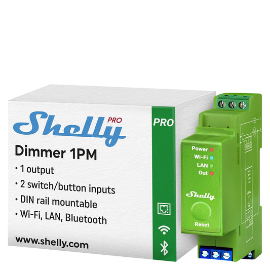 Shelly Pro Dimmer 1PM – Regulador de luz Wi-Fi/LAN, Medidor de consumo integrado, 1 canal, 200 W, Instalación- carril DIN, Compatible con lámparas halógenas y LED, Alexa, Google Home, App iOS, Android