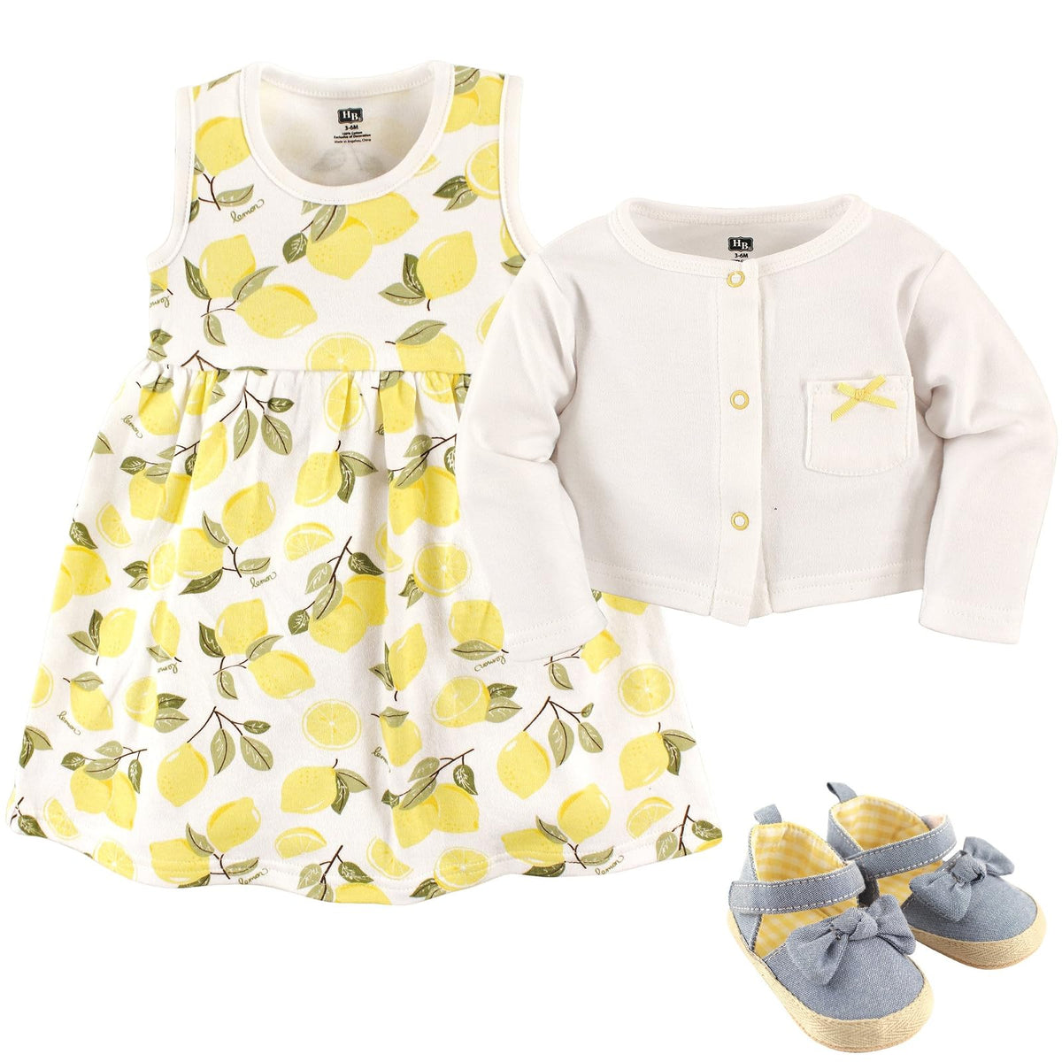 Hudson Baby Vestido de 3 piezas, cárdigan, juego de zapatos para niña