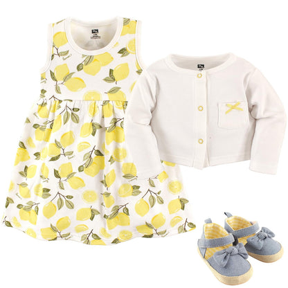 Hudson Baby Vestido de 3 piezas, cárdigan, juego de zapatos para niña