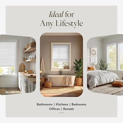 CHICOLOGY - Mini persianas para ventanas de interior, 17 pulgadas de ancho x 72 pulgadas de alto, persianas de vinilo horizontales blancos, inalámbricas, fáciles de instalar, elegante ajuste de perfil