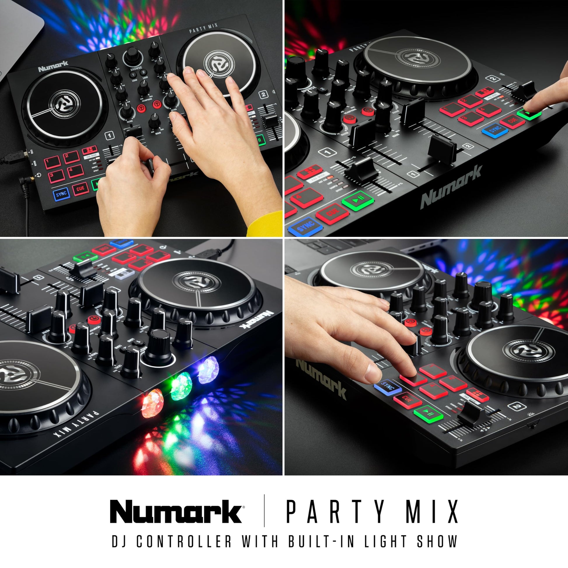 Numark Party Mix II - Controlador DJ con 2 decks y luces integradas, interfaz de audio, mezcladora DJ para Serato DJ Lite y Algoriddim djay Pro AI