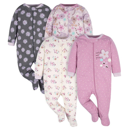 Gerber Paquete de 4 Pijamas con Pies para Bebé Niño - Recién nacido - Jardín lavanda